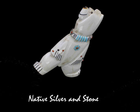 Z Bear-Dancing<br>Zuni Fetish Carving<br>Claudia Peina (Kallestewa)<br>Antler, Jet, Coral, & Turquoise<br>Happy Bear on Left Leg<br>Large