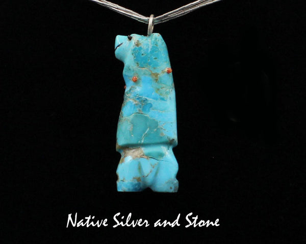 Z Bear Standing, Happy<br>Zuni Fetish Carving & Jewelry<br>Claudia Peina (Kallestewa)<br>1-5/8" Pendant<br>Turquoise with Coral & Jet Accents