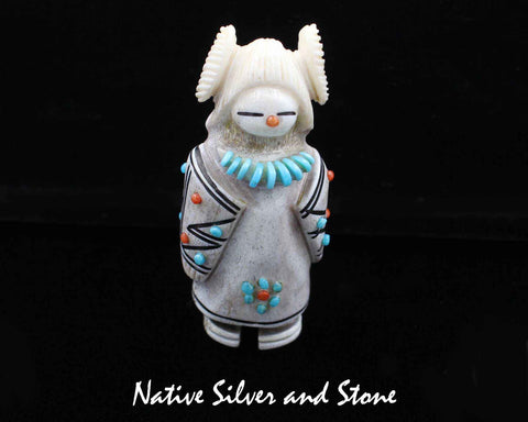 Z Claudia Peina (Kallestewa)<br>Zuni Fetish Carving<br>Corn Maiden/Grinder - 717CM1<br>Antler with Turquoise, Coral, and Jet Accents