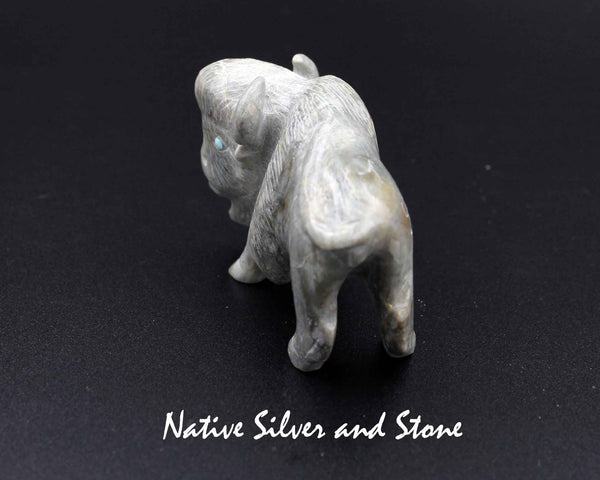 Z Bison/Buffalo - Zuni Fetish Carving<br>Clive Hustito<br>Picasso Marble<br>Turquoise Eyes
