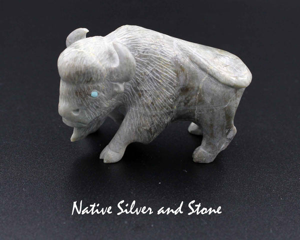 Z Bison/Buffalo - Zuni Fetish Carving<br>Clive Hustito<br>Picasso Marble<br>Turquoise Eyes