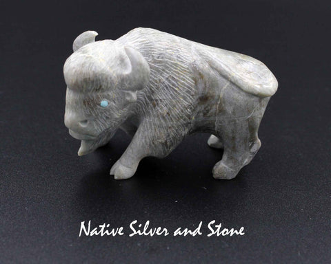 Z Bison/Buffalo - Zuni Fetish Carving<br>Clive Hustito<br>Picasso Marble<br>Turquoise Eyes