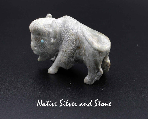 Z Bison/Buffalo - Zuni Fetish Carving<br>Clive Hustito<br>Picasso Marble<br>Turquoise Eyes