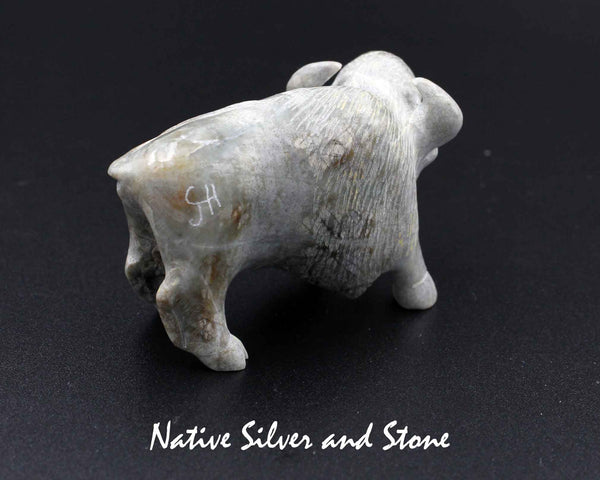 Z Bison/Buffalo - Zuni Fetish Carving<br>Clive Hustito<br>Picasso Marble<br>Turquoise Eyes