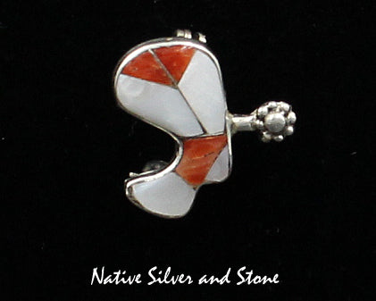 Z Miscellaneous Artist - DE - Zuni Jewelry<br>Pin - Cowboy Boot Multi-Inlay<br>White Mother of Pearl & Orange Spiny