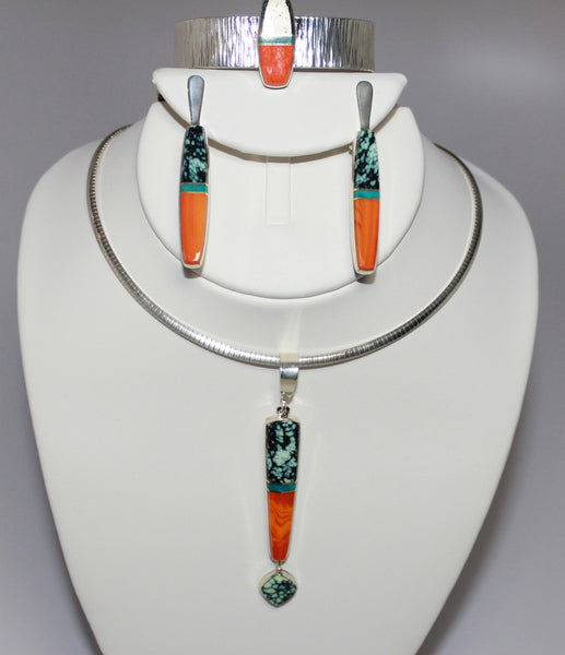 Duane Maktima - Laguna/Hopi<br>Bracelet Cuff (Only)<br>Chalcosiderite, Gem Silica, Orange Rosarita<br>Sterling Silver<br>Size 6-1/4 (Small Medium)