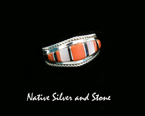 Z D Panteah-Zuni<br>Ring - Channel Multi-Inlay<br>Coral, Mother of Pearl, & Jet<br>Size  8