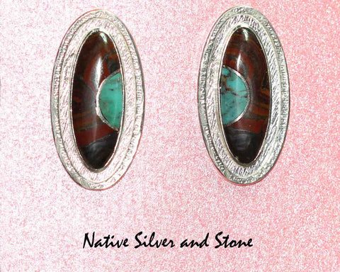 Bennard and Frances Dallasvuyaoma- Hopi/Pima<br>1" Earrings - Oval<br>Tiger Iron & Turquoise<br>Post<br>Sterling Silver