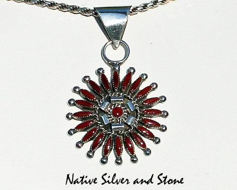 Z Dan Etsate-Zuni<br>1-1/4" Pendant<br>Coral Needlepoint Circles<br>Sterling Silver