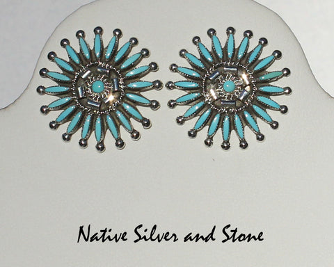 Dan Etsate-Zuni Jewelry<br>Earrings - Post/Stud<br>Turquoise Needlepoint Circles<br>in Sterling Silver
