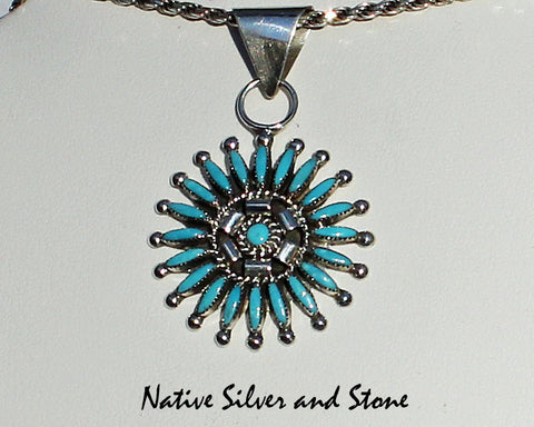 Z Dan Etsate - Zuni<br>1-1/4" Pendant<br>Turquoise Needlepoint Spoked Circles<br>Sterling Silver