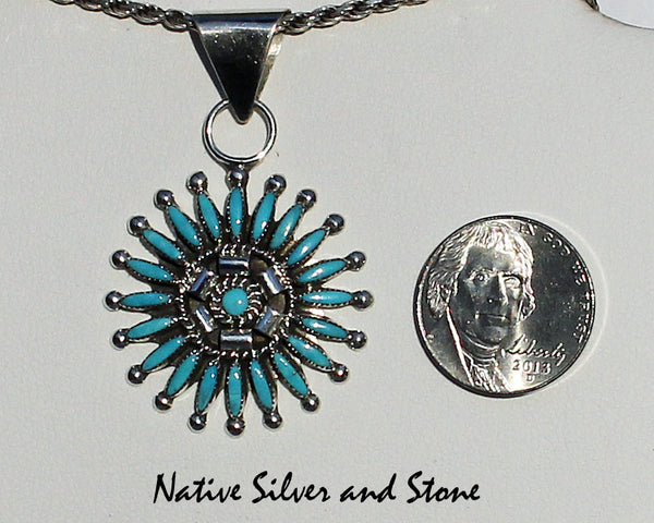 Z Dan Etsate - Zuni<br>1-1/4" Pendant<br>Turquoise Needlepoint Spoked Circles<br>Sterling Silver