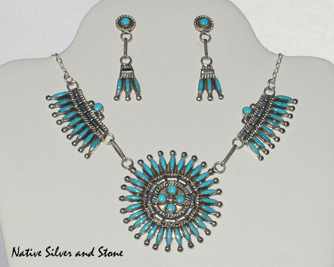 Z Dan Etsate - Zuni<br>Necklace & Earring Set<br>Sleeping Beauty Turquoise Needlepoint<br>Sterling Silver