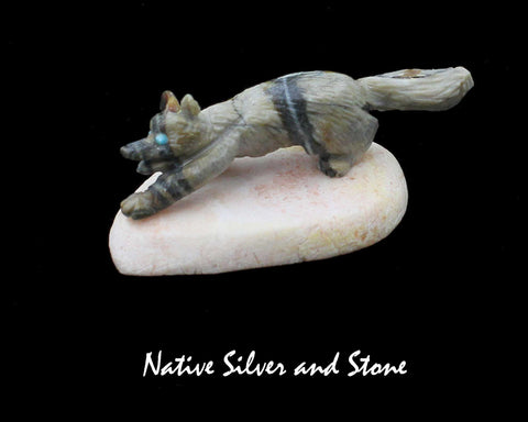 Z Wolf/Coyote (Bushytail) on Base<br>Zuni Fetish Carving<br>Dan Quam<br>Serpentine with Turquoise Accents