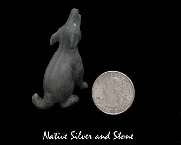 Z Wolf/Coyote (Bushytail) - Howling<br>Zuni Fetish Carving<br>Dan Quam<br>Serpentine with Turquoise Accents