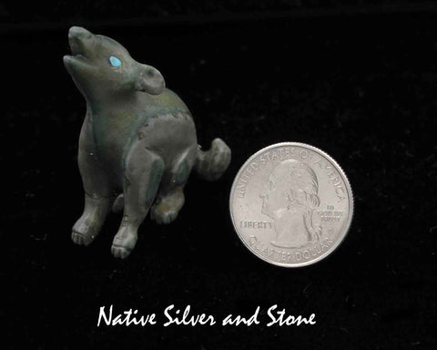 Z Wolf/Coyote (Bushytail) - Howling<br>Zuni Fetish Carving<br>Dan Quam<br>Serpentine with Turquoise Accents