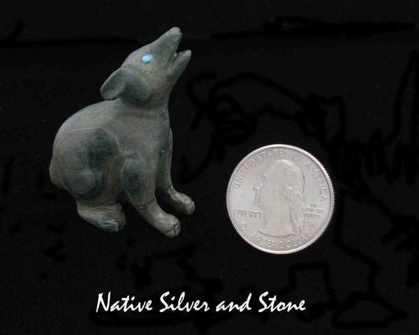 Z Wolf/Coyote (Bushytail) - Howling<br>Zuni Fetish Carving<br>Dan Quam<br>Serpentine with Turquoise Accents