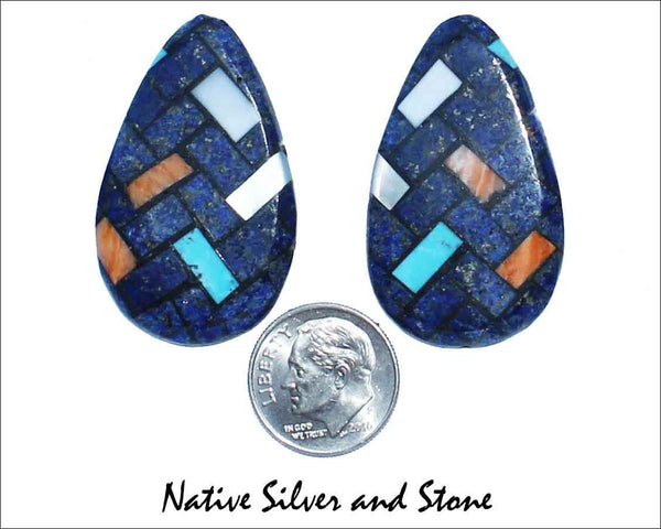 Dean Owen<br>Santo Domingo/Ke-Wa Jewelry<br>1-1/2"H Earrings - Post<br>Large Teardrop Mosaic<br>Lapis Lazuli, Turquoise,<br>Orange Spiny, Mother of Pearl