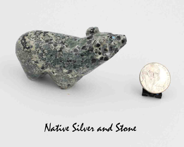 Z Ram<br>Zuni Fetish Carving<br>Delvin Leekya<br>Serpentine - Mottled Dark Green<br>Turquoise Eyes &<br>Mother of Pearl Hooves