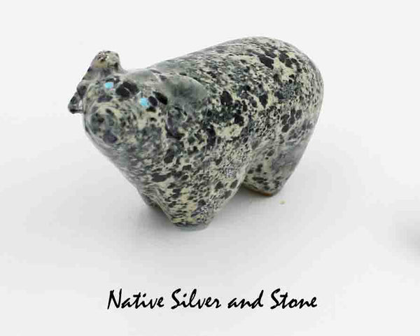 Z Ram<br>Zuni Fetish Carving<br>Delvin Leekya<br>Serpentine - Mottled Dark Green<br>Turquoise Eyes &<br>Mother of Pearl Hooves