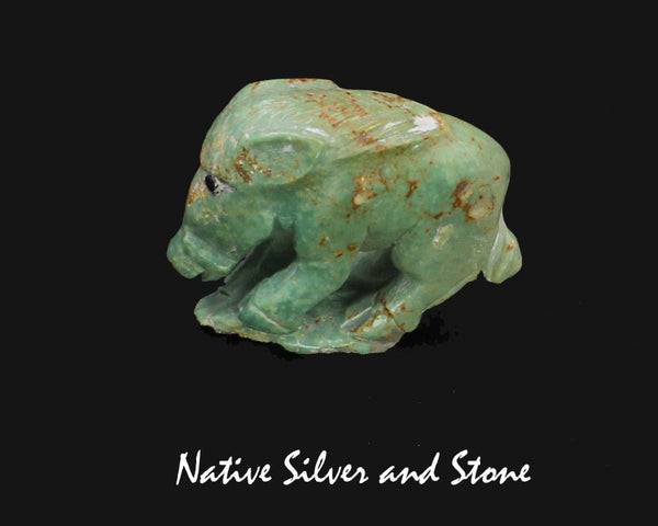 Z Wild Boar Pig<br>Zuni Fetish Carving<br>Derrick Kaamasee<br>Turquoise - Green w Jet Accents