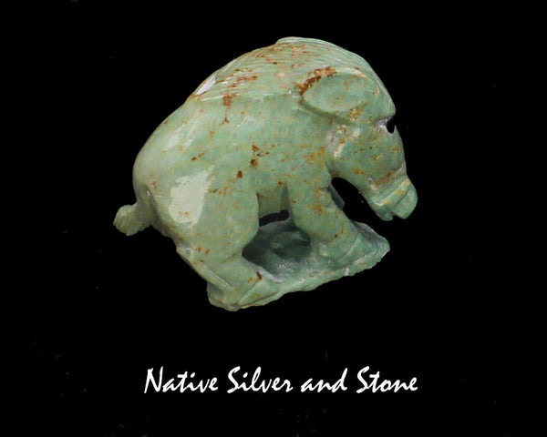 Z Wild Boar Pig<br>Zuni Fetish Carving<br>Derrick Kaamasee<br>Turquoise - Green w Jet Accents