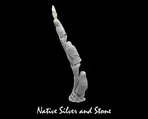 Z Owls on Tree<br>Zuni Fetish Carving<br>Destry Siutza<br>Antler with Turquoise Eyes