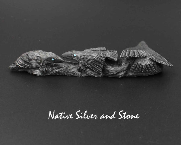 Z Ravens (Crows) Three on Logs<br>Zuni Fetish Carving<br>Destry Siutza<br>Jet w Turquoise Accents