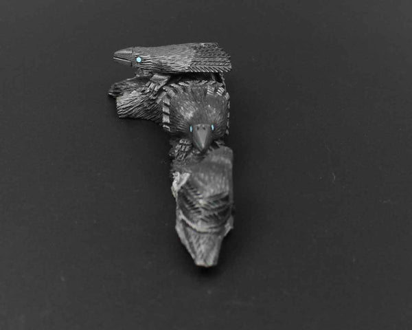 Z Ravens (Crows) Three on Logs<br>Zuni Fetish Carving<br>Destry Siutza<br>Jet w Turquoise Accents