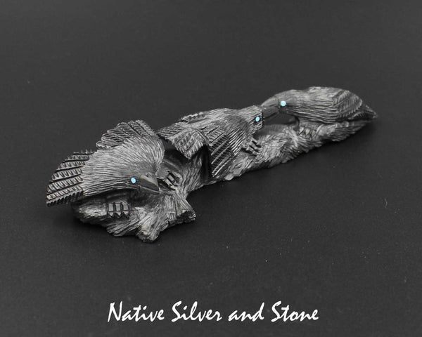 Z Ravens (Crows) Three on Logs<br>Zuni Fetish Carving<br>Destry Siutza<br>Jet w Turquoise Accents