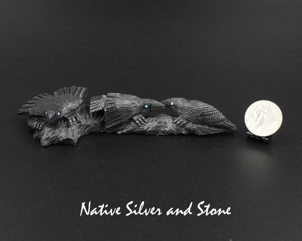 Z Ravens (Crows) Three on Logs<br>Zuni Fetish Carving<br>Destry Siutza<br>Jet w Turquoise Accents