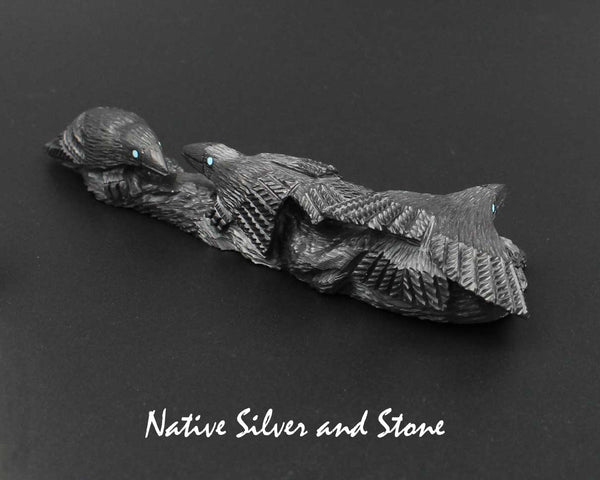 Z Ravens (Crows) Three on Logs<br>Zuni Fetish Carving<br>Destry Siutza<br>Jet w Turquoise Accents