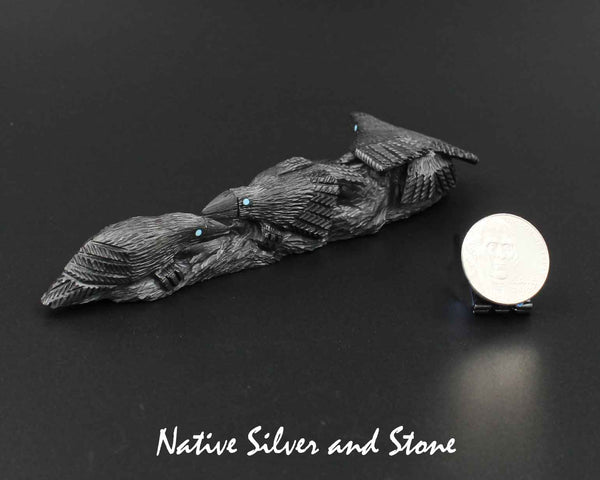 Z Ravens (Crows) Three on Logs<br>Zuni Fetish Carving<br>Destry Siutza<br>Jet w Turquoise Accents