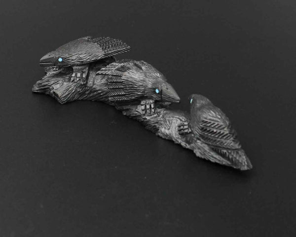 Z Ravens (Crows) Three on Logs<br>Zuni Fetish Carving<br>Destry Siutza<br>Jet w Turquoise Accents