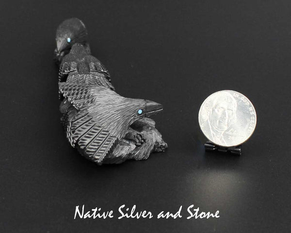 Z Ravens (Crows) Three on Logs<br>Zuni Fetish Carving<br>Destry Siutza<br>Jet w Turquoise Accents