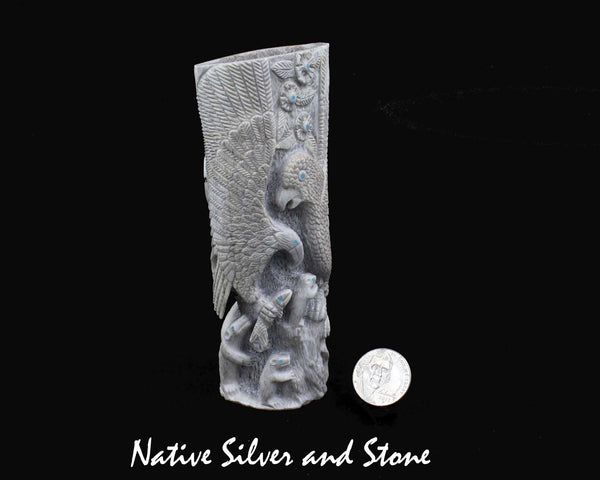 Z Destry Siutza<br>Zuni Fetish Carving<br>Eagle with Fish, Macaw, Bears, Flowers, and Sunface <br>Large Bone with Turquoise &<br>Mother of Pearl Accents