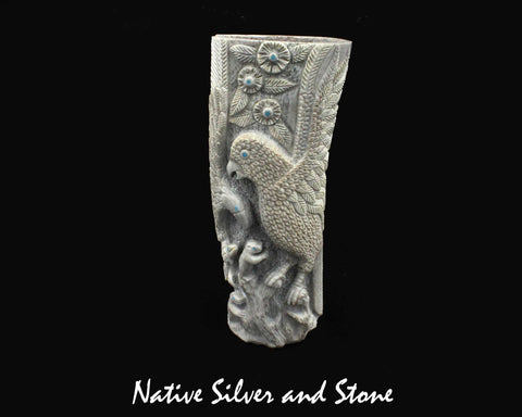 Z Destry Siutza<br>Zuni Fetish Carving<br>Eagle with Fish, Macaw, Bears, Flowers, and Sunface <br>Large Bone with Turquoise &<br>Mother of Pearl Accents