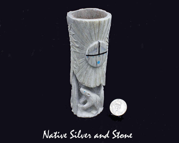 Z Destry Siutza<br>Zuni Fetish Carving<br>Eagle with Fish, Macaw, Bears, Flowers, and Sunface <br>Large Bone with Turquoise &<br>Mother of Pearl Accents