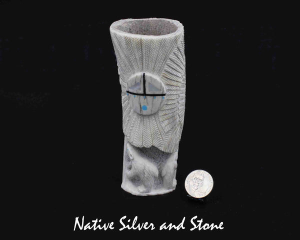Z Destry Siutza<br>Zuni Fetish Carving<br>Eagle with Fish, Macaw, Bears, Flowers, and Sunface <br>Large Bone with Turquoise &<br>Mother of Pearl Accents