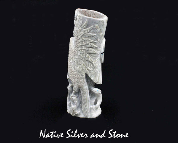 Z Destry Siutza<br>Zuni Fetish Carving<br>Eagle with Fish, Macaw, Bears, Flowers, and Sunface <br>Large Bone with Turquoise &<br>Mother of Pearl Accents