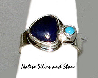 Diane Wylie - Navajo Jewelry - Ring<br>Dark Lapis Triangle &<br>Turquoise Dot<br>Size 6-1/2