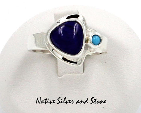 Diane Wylie<br>Navajo Jewelry - Ring<br>Dark Lapis Triangle &<br>Turquoise Dot<br>Size 8-1/2