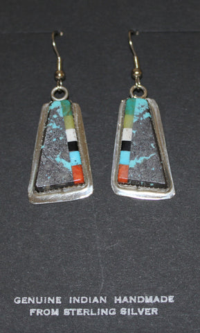 Z Don & Nancy Crespin<br>(Kewa-Santo Domingo)<br>Earrings - Multi-Inlay<br>Blue & Green Turquoise, Serpentine,<br>Howlite, Jet, Orange Spiny Oyster<br>Hook<br>Sterling Silver