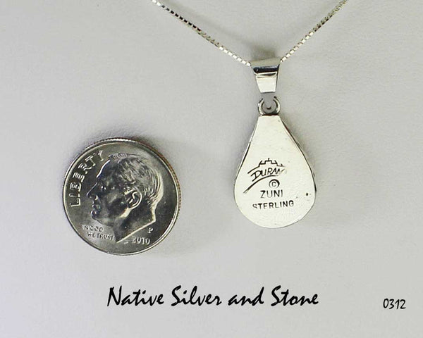 Z Duran Gasper - Zuni<br>Teardrop Pendant<br>Abalone Shell, Turquoise, & Jet<br>with 18" Silver Box Chain