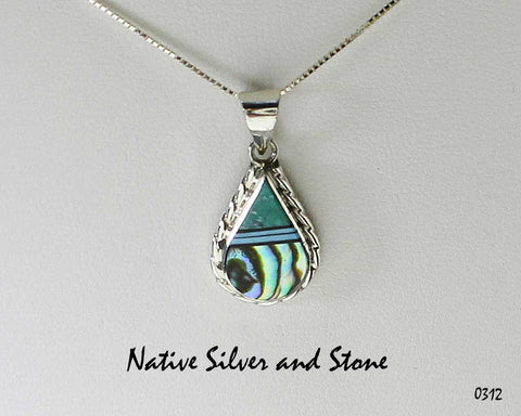 Z Duran Gasper - Zuni<br>Teardrop Pendant<br>Abalone Shell, Turquoise, & Jet<br>with 18" Silver Box Chain