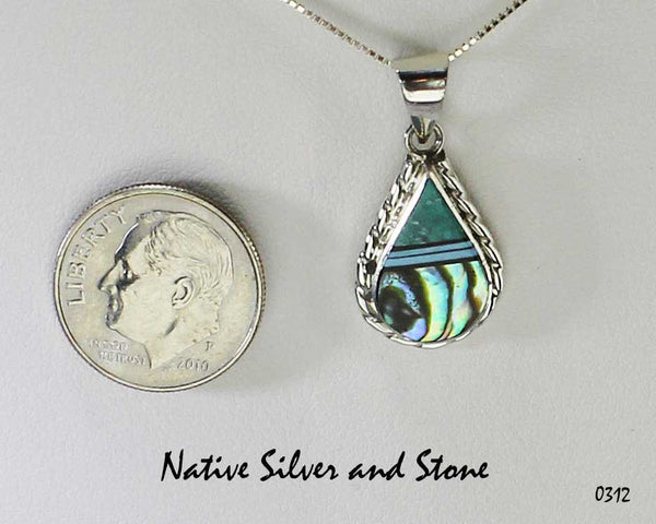 Z Duran Gasper - Zuni<br>Teardrop Pendant<br>Abalone Shell, Turquoise, & Jet<br>with 18" Silver Box Chain