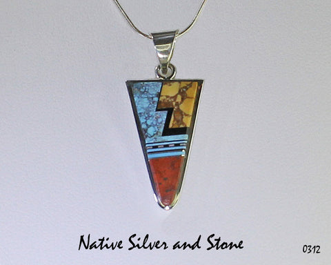 Z Duran Gasper - Zuni<br>Triangle Multi-Inlay Pendant<br>Turquoise, Pipestone, Jet, White Mother of Pearl<br>with 18" Silver Snake Chain