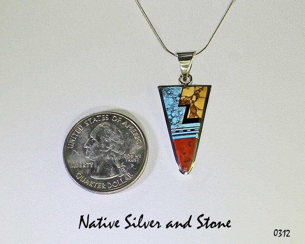 Z Duran Gasper - Zuni<br>Triangle Multi-Inlay Pendant<br>Turquoise, Pipestone, Jet, White Mother of Pearl<br>with 18" Silver Snake Chain