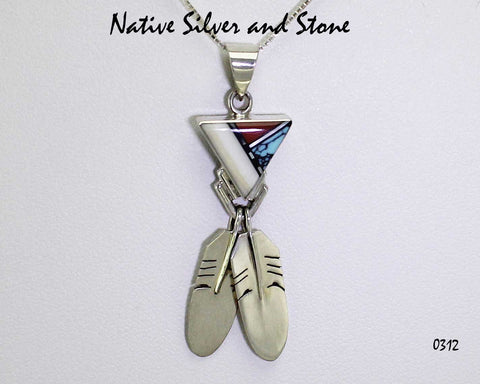 Z Duran Gasper (Zuni)<br>Pendant w Chain<br>Triangle & Trailing Silver Feathers<br>Turquoise, Coral, Jet, Fossil Bone, Mother of Pearl