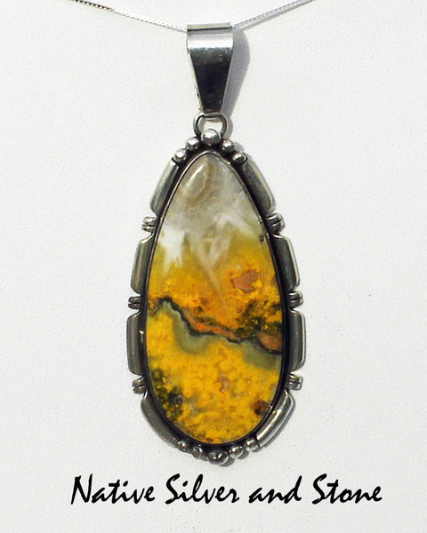 Z Miscellaneous Artist EA - Pendant<br>Navajo Jewelry Pendant<br>Large Teardrop Bumblebee Jasper<br>Saw Cut & Beaded Sterling Silver Accents